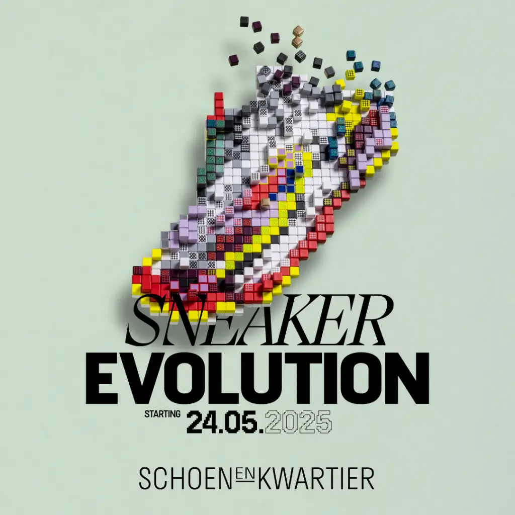 Campaign image of Sneaker Evolution, a sneaker constructed from cubes that give a nod to the LEGO world and represent the playfulness of the exhibition