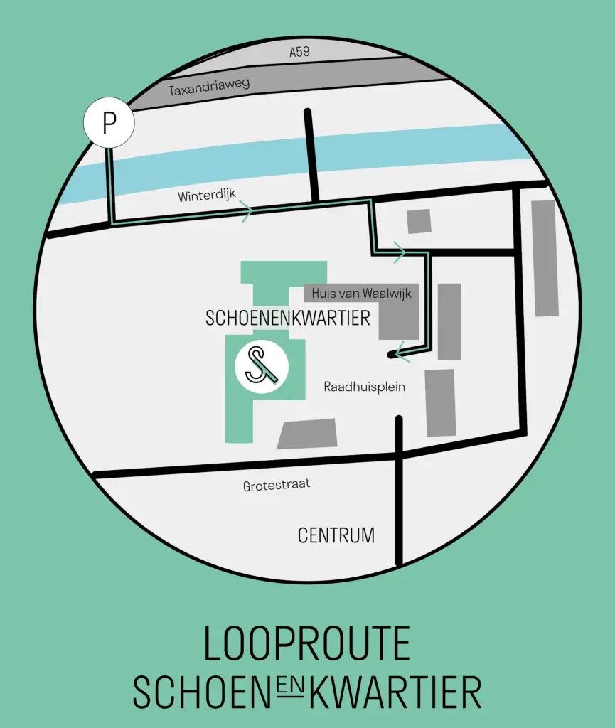 Plattegrond met wandelroute van parkeerplaats Taxandriaweg naar museum Schoenenkwartier in Waalwijk