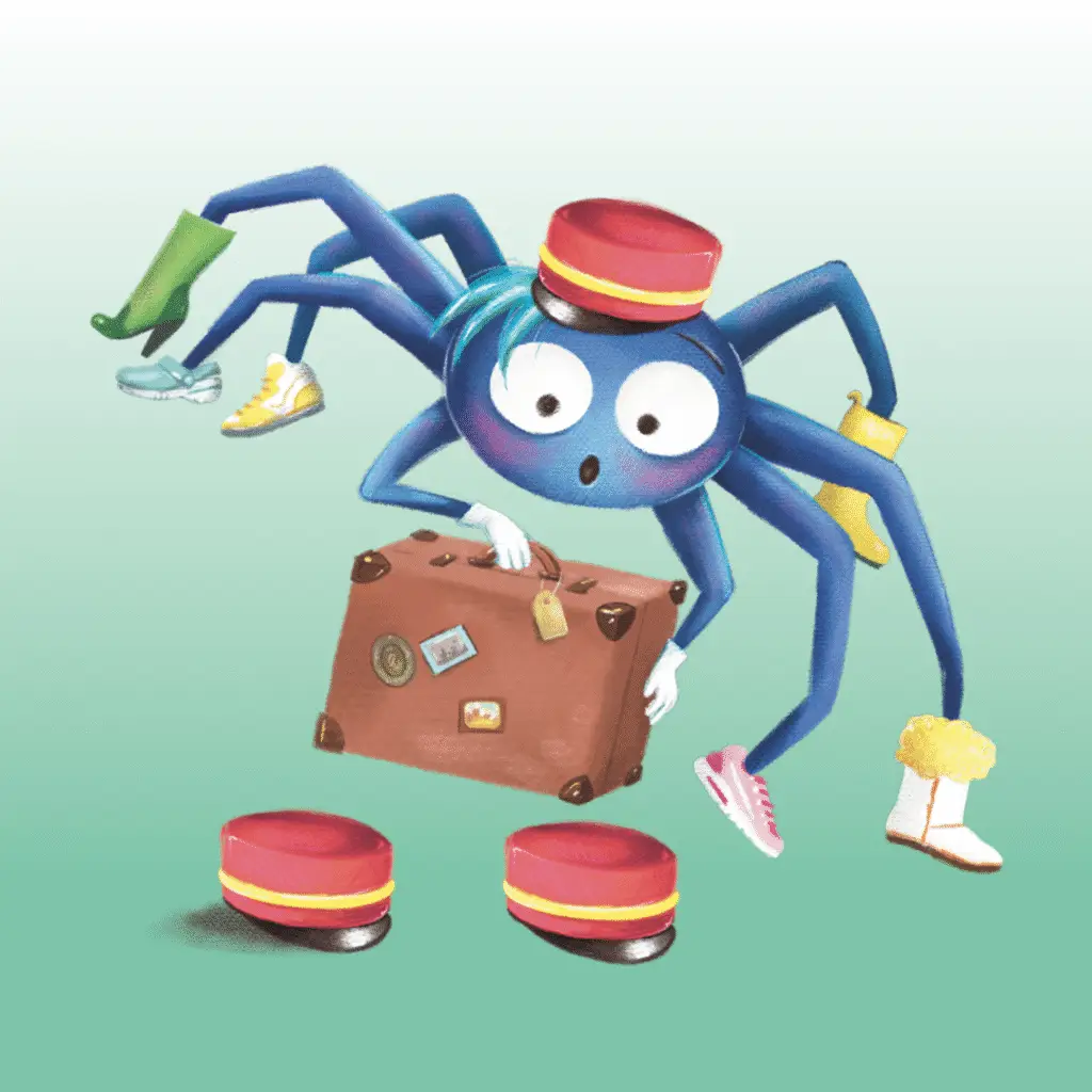 Illustratie van Okke de Spin: een vrolijke blauwe spin met een bruine koffer en rode schoentjes, het mascotte van het Grand Hotel van Okke de Spin.