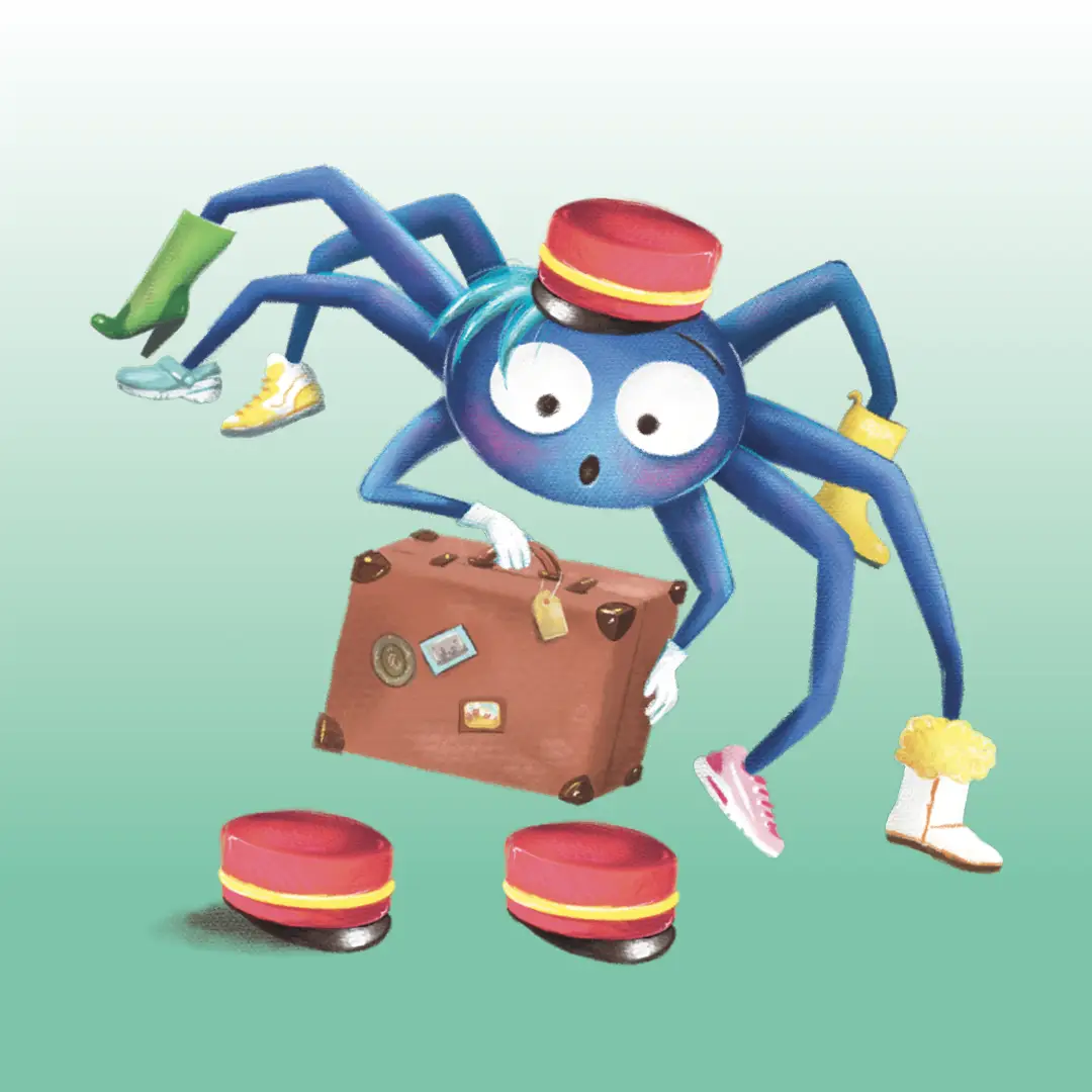 Illustratie van Okke de Spin: een vrolijke blauwe spin met een bruine koffer en rode schoentjes, het mascotte van het Grand Hotel van Okke de Spin.