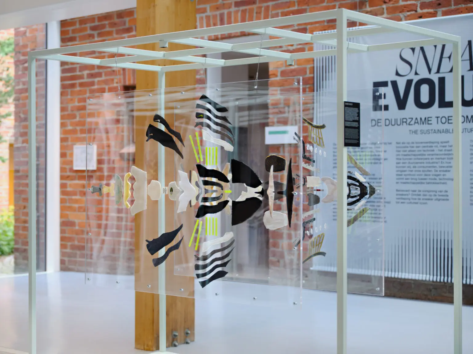 The disassembled sneaker parts in the atrium of the Shoe Quarter in the exhibition Sneaker Evolution