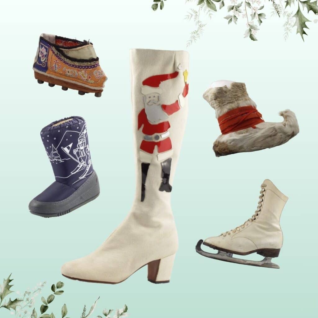 Collectie verzameling van winterse schoenen van het Schoenenkwartier. Van sneeuwlaarzen tot, schaatsen, kerstman laarzen en inheemse bonte schoenen.