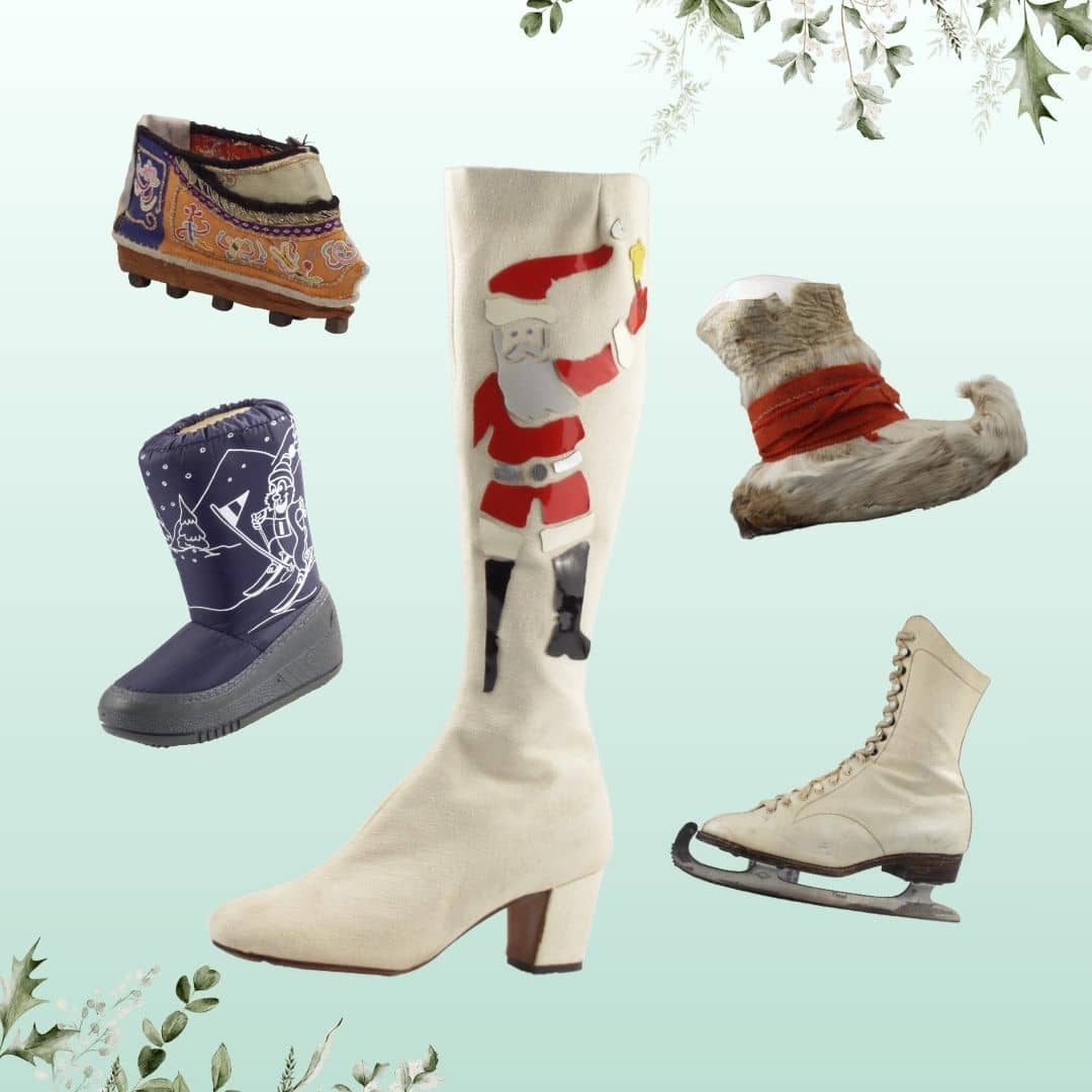 Collectie verzameling van winterse schoenen van het Schoenenkwartier. Van sneeuwlaarzen tot, schaatsen, kerstman laarzen en inheemse bonte schoenen.