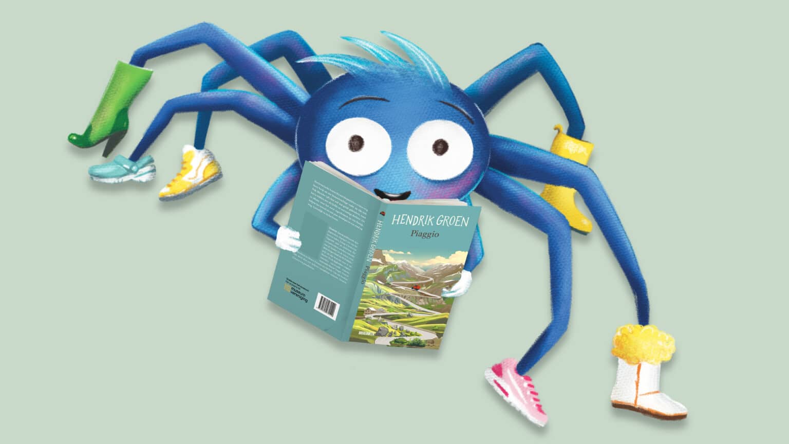 Okke de Spin houdt Boekenweek geschenk vast Piaggio geschreven door Hendrik Groen