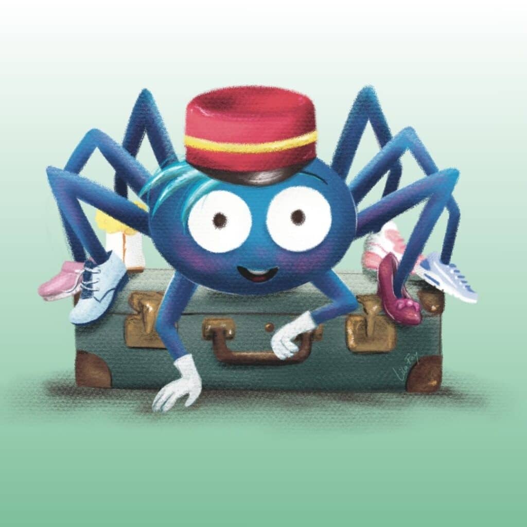 Illustratie van Okke de Spin: een vrolijke blauwe spin met een bruine koffer en rode schoentjes, het mascotte van het Grand Hotel van Okke de Spin.