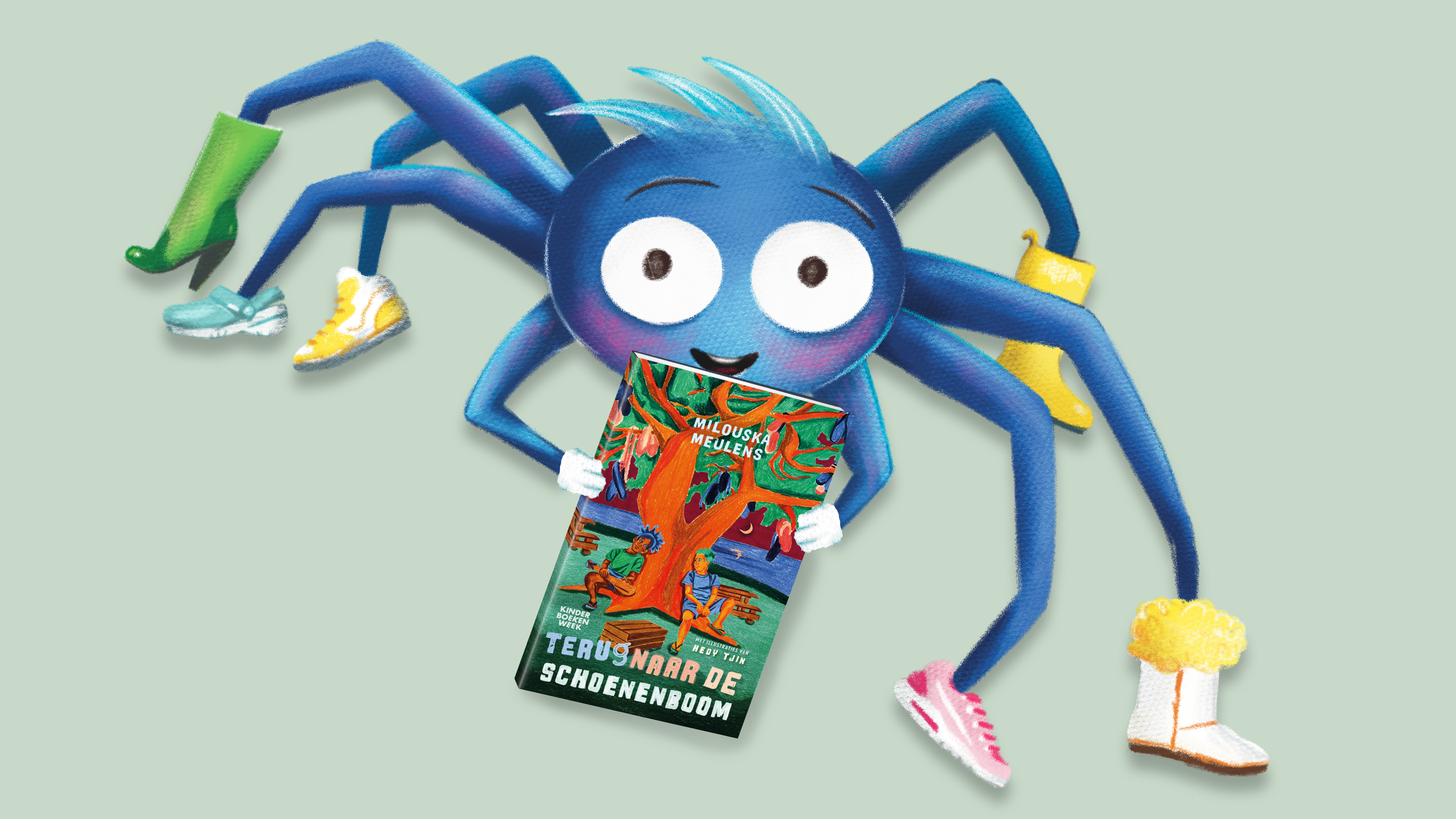 Illustratie van Okke de Spin met het kinderboekenweekgeschenk van 2026, terug naar de schoenenboom geschreven door Milouska Meulens